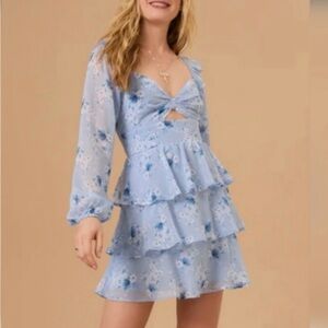 Altar'd State Light Blue Floral Long Sleeve Tiered Mini Dress